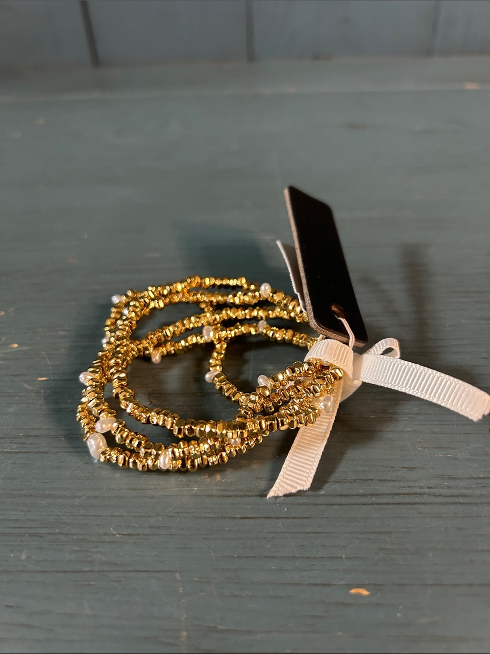 J. Crew Gold Beaded Stretch Bracelet Set with Ribbon Accent - New $54.50